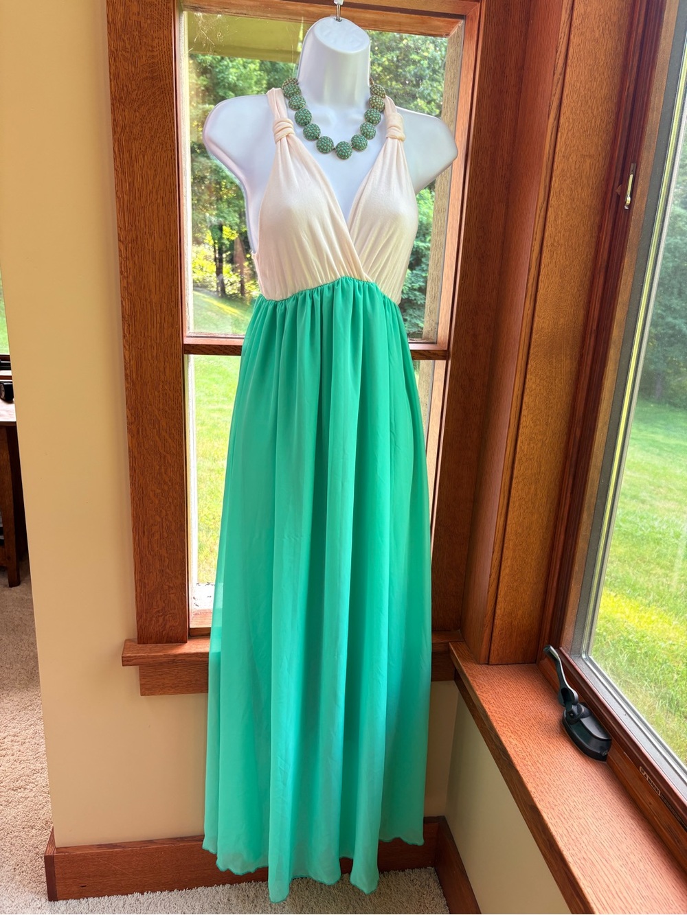 Ethereal Cream Turquoise Aqua V-Neck Halter Maxi Dress M